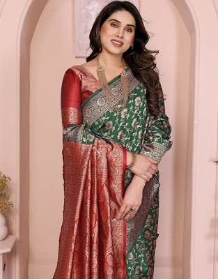 green silk blend banarasi saree with blouse  3