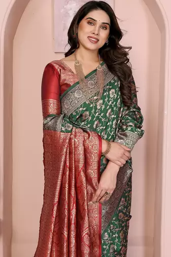 green silk blend banarasi saree with blouse 