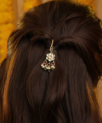 Gold plated kundan green stones hair clip 1