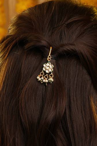 Gold plated kundan green stones hair clip