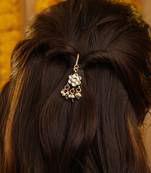 Gold plated kundan green stones hair clip