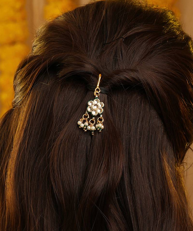 Gold plated kundan green stones hair clip