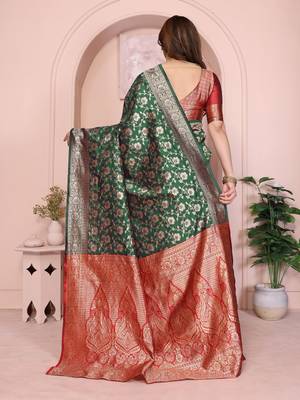 green silk blend banarasi saree with blouse  4
