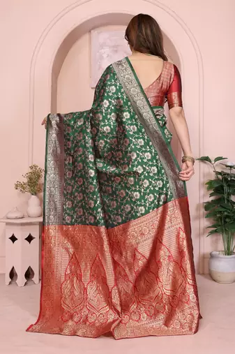 green silk blend banarasi saree with blouse 