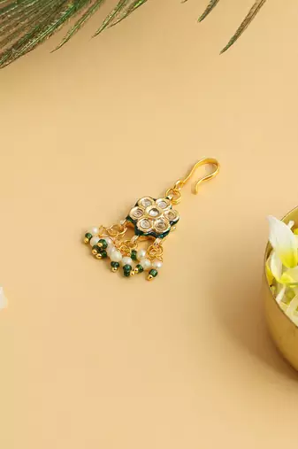 Gold plated kundan green stones hair clip