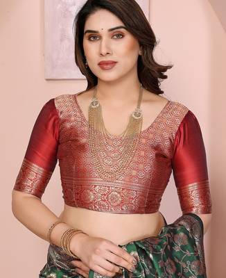green silk blend banarasi saree with blouse  5
