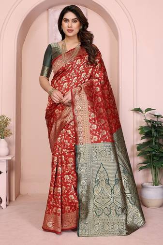 maroon soft art silk banarasi saree with blouse 