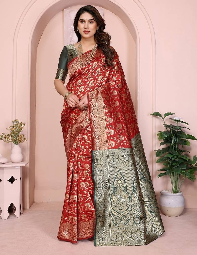 maroon soft art silk banarasi saree with blouse 
