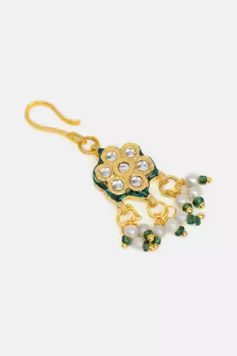 Gold plated kundan green stones hair clip