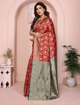 maroon silk blend banarasi saree with blouse  2