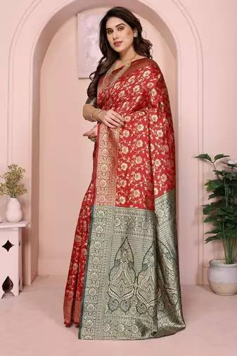 maroon silk blend banarasi saree with blouse 