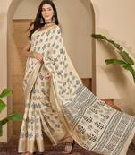Women's beige cotton silk printed saree with unstitched blouse piece