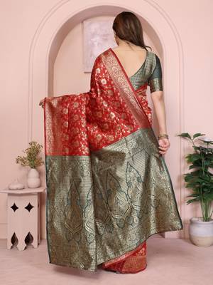 maroon silk blend banarasi saree with blouse  3