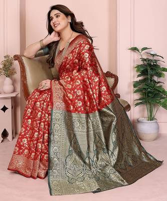 maroon silk blend banarasi saree with blouse  4