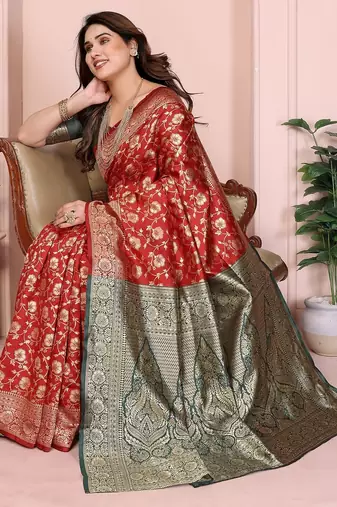 maroon silk blend banarasi saree with blouse 