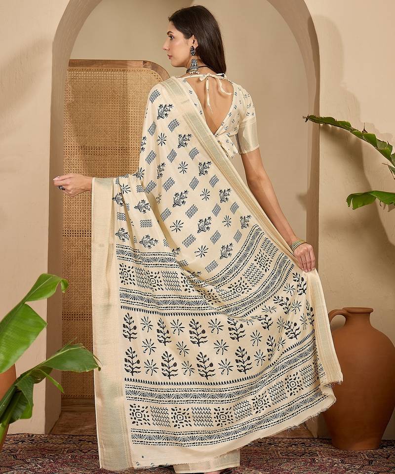 Women's beige cotton silk printed saree with unstitched blouse piece