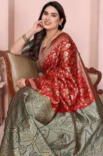 maroon silk blend banarasi saree with blouse 