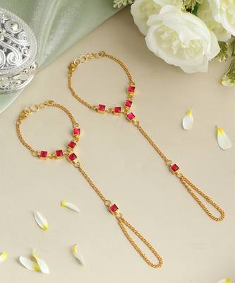 Gold plated kundan red stones haath phool 2