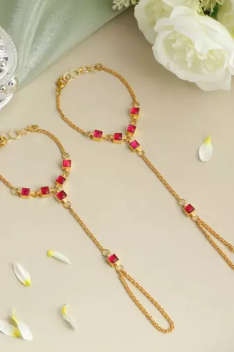 Gold plated kundan red stones haath phool