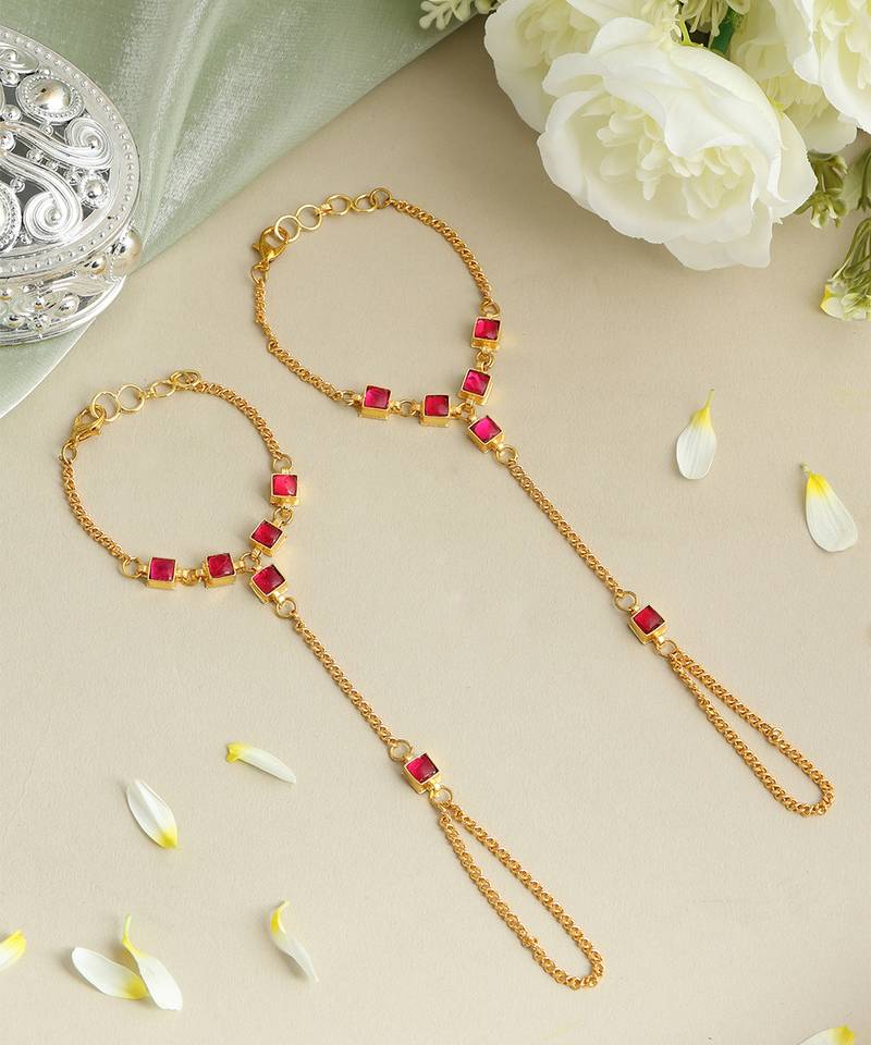 Gold plated kundan red stones haath phool