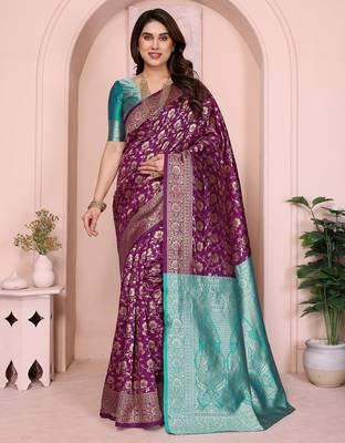 wine silk blend banarasi saree with blouse  1
