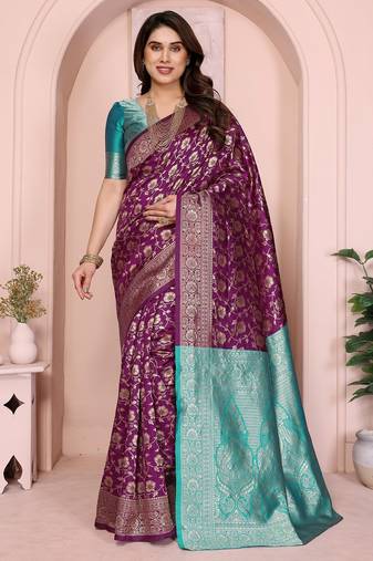 wine soft art silk banarasi saree with blouse 