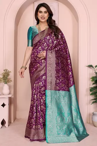 wine soft art silk banarasi saree with blouse 