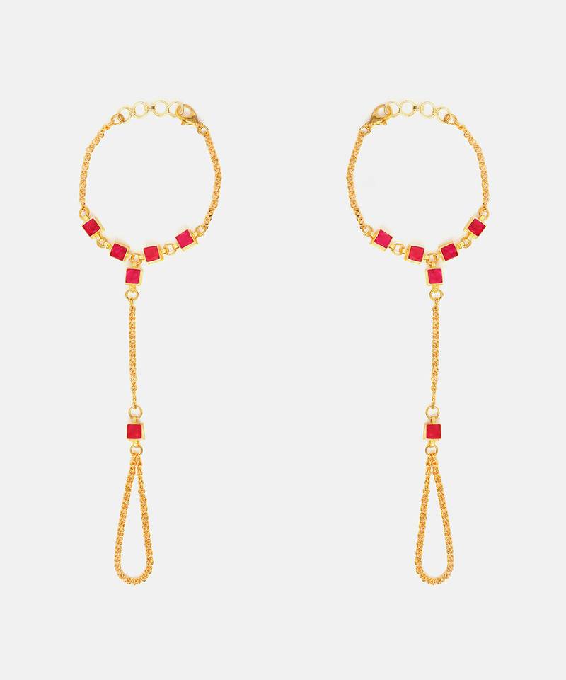 Gold plated kundan red stones haath phool