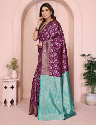 wine silk blend banarasi saree with blouse  2
