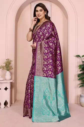 wine silk blend banarasi saree with blouse 