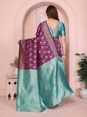 wine silk blend banarasi saree with blouse  3