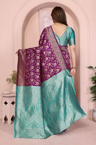 wine silk blend banarasi saree with blouse 