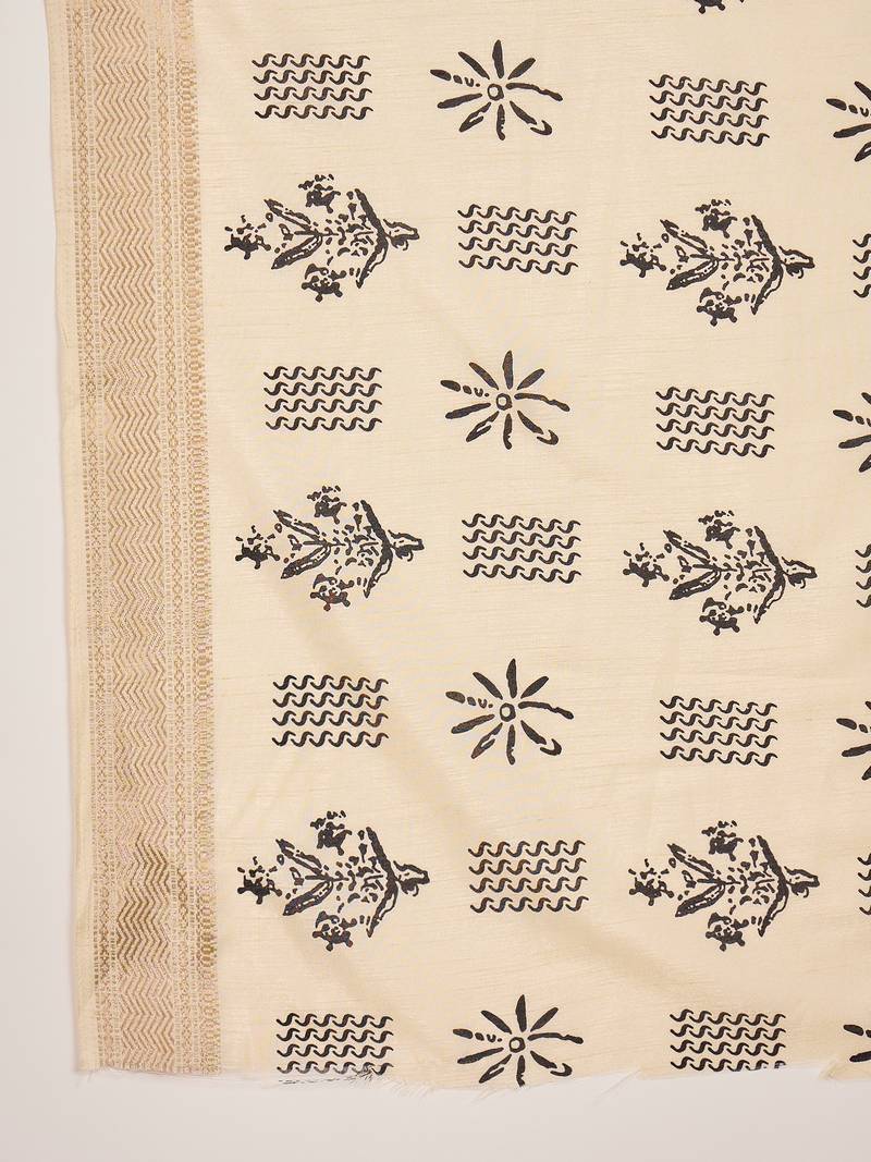 Women's beige cotton silk printed saree with unstitched blouse piece
