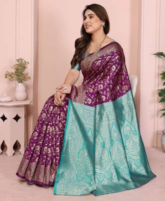 wine silk blend banarasi saree with blouse  4