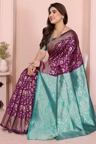 wine silk blend banarasi saree with blouse 