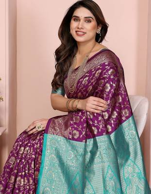 wine silk blend banarasi saree with blouse  5