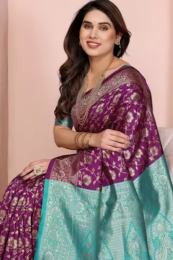 wine silk blend banarasi saree with blouse 