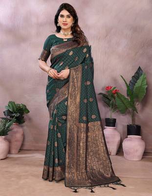 dark green silk blend banarasi saree with blouse  1