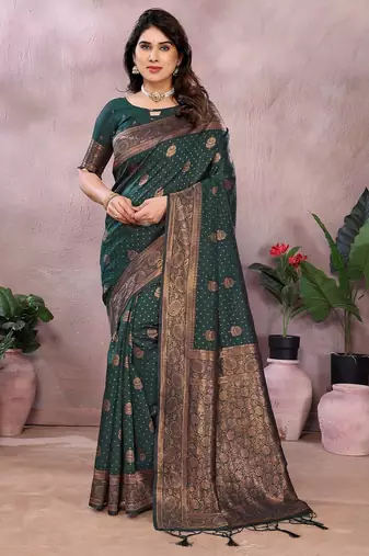 dark green soft art silk banarasi saree with blouse 