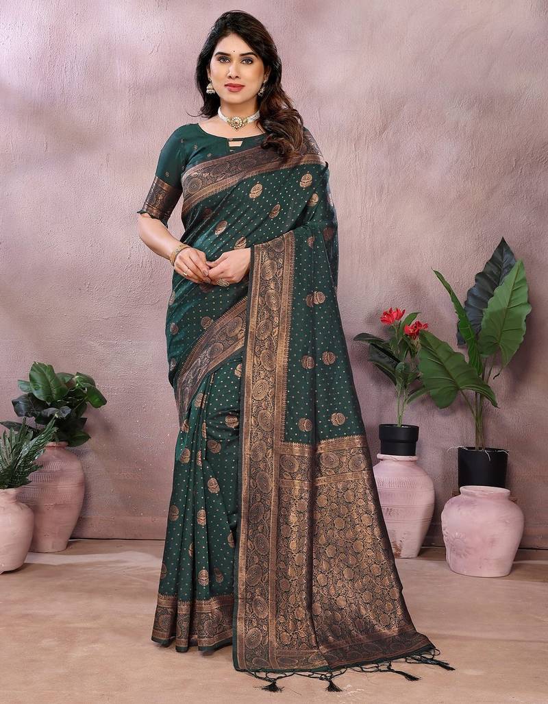 dark green soft art silk banarasi saree with blouse 