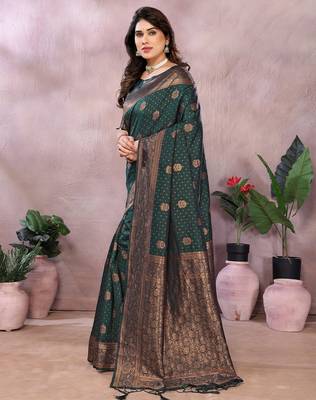 dark green silk blend banarasi saree with blouse  2