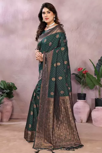 dark green silk blend banarasi saree with blouse 