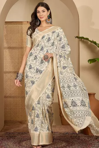 Women's beige cotton silk printed saree with unstitched blouse piece