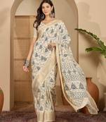Women's beige cotton silk printed saree with unstitched blouse piece