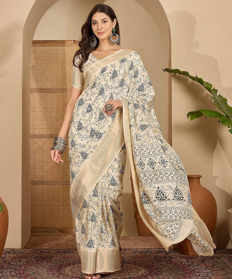 Women's beige cotton silk printed saree with unstitched blouse piece