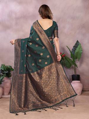 dark green silk blend banarasi saree with blouse  3