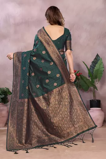 dark green silk blend banarasi saree with blouse 