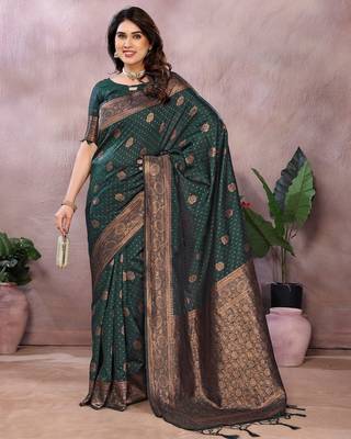 dark green silk blend banarasi saree with blouse  4