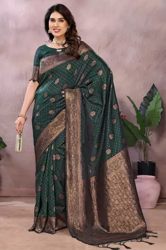 dark green silk blend banarasi saree with blouse 