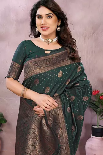 dark green silk blend banarasi saree with blouse 